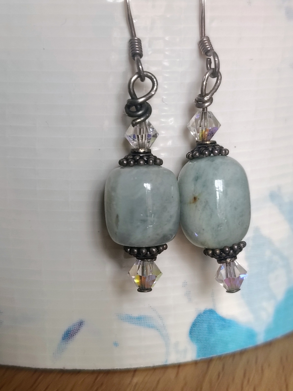 Seafoam Green Beaded Drop Earrings with Crystal Accents